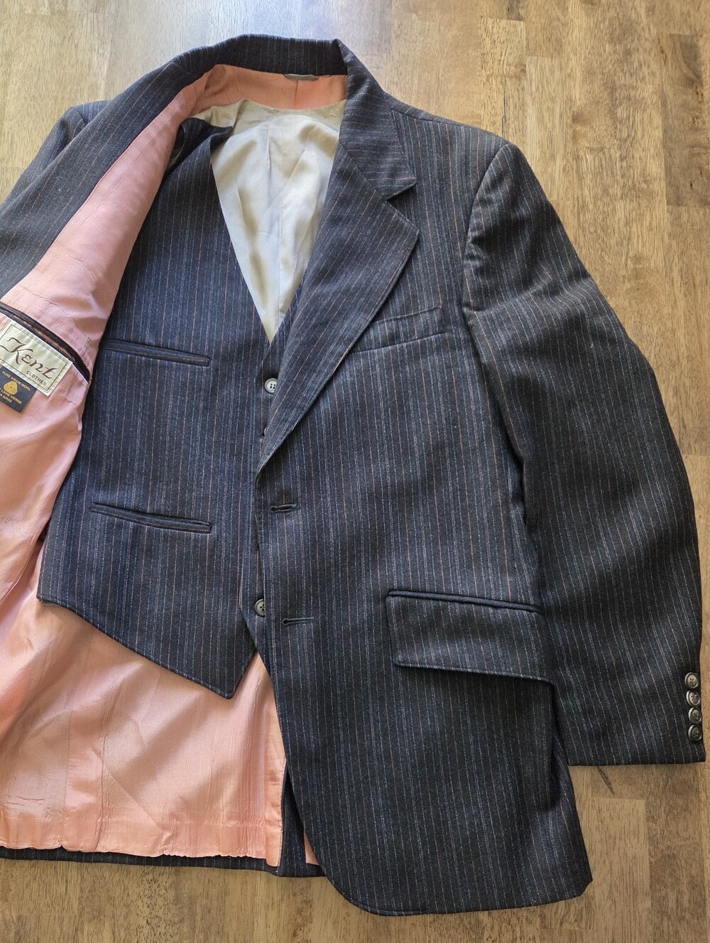 Vintage Pure Wool 2 Piece Charcoal Pintripe Blazer And Vest Set